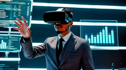 Businessman wearing VR headset interacts with digital interface, data analysis, virtual reality, futuristic technology, innovation, medium shot - Powered by Adobe
