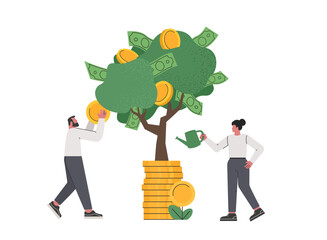 Financial and investment growth. Business investment profit concept. Businessman harvesting dollar coin from growing money tree. Woman watering growing money tree. Flat vector illustration.