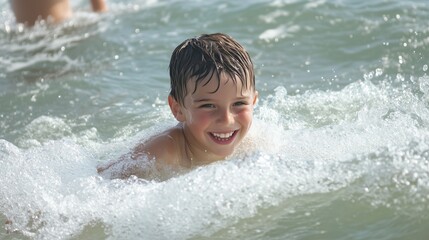 A young boy is smiling and splashing in the water. The water is frothy and the boy is having a great time