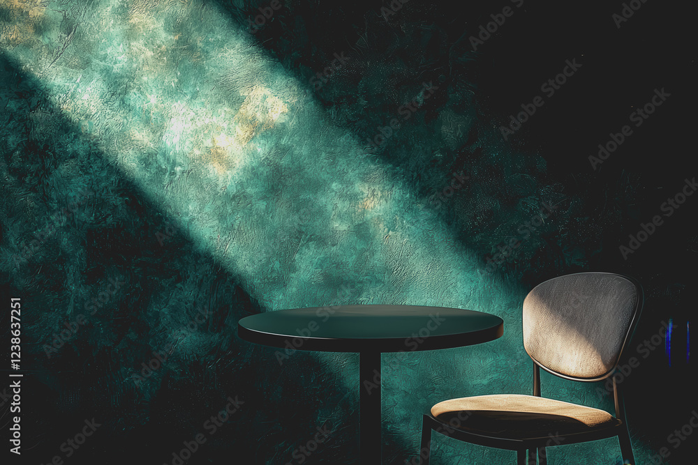 Poster simple chair and table arrangement in a room with plain walls and natural lighting creating a calm a