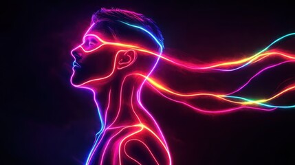 Vibrant neon figure with flowing light strands against dark background. Generative AI