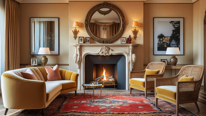 Fototapeta premium Eclectic living room design with a fluffy couch classic mirror patterned carpet red and warm tone walls and a fireplace in a soft pink and peach color scheme for a relaxing ambiance