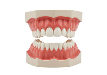 Obraz premium Artificial dental model showing upper and lower teeth in pink gums isolated on white background