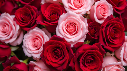 Fototapeta premium Beautiful Arrangement of Red and Pink Roses in a Lush Floral Display for Celebrations and Romantic Occasions