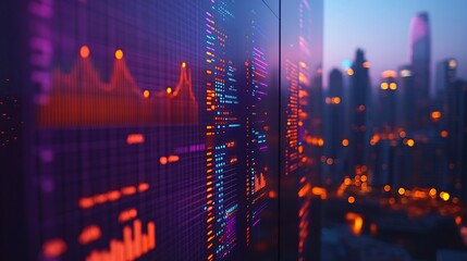 Vibrant city skyline glows behind dynamic data screen displaying financial charts. AI Generated