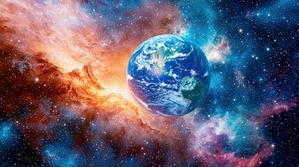 Obraz premium Cosmic Earth: A Stunning View of Our Planet from the Vastness of Space. A Celestial Dance of Nebulae, Stars, and Galaxies Surrounding the Blue Marble