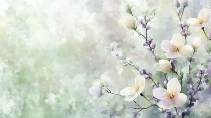 Beautiful watercolor painting featuring delicate white blossoms and green hues in springtime ambiance. Generative AI