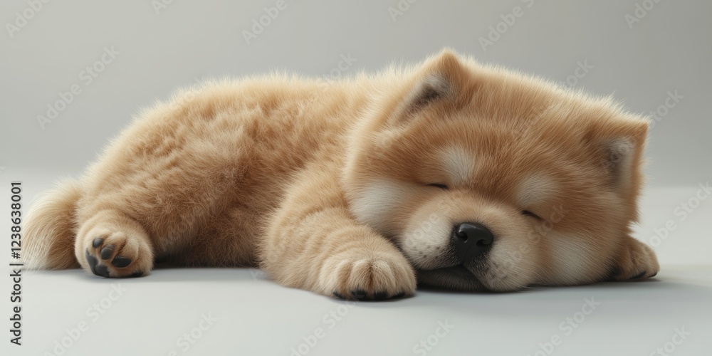 Poster realistic 3d rendering of a sleeping chow chow puppy on soft surface
