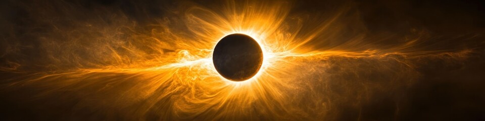 Obraz premium A panoramic view of a total solar eclipse with the glowing golden corona stretching across the dark sky, illuminating the solar flares and cosmic energy in motion