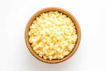 Bowl of boiled rice on white background.