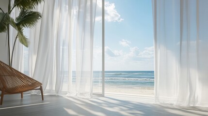 Serene coastal retreat  breathtaking views and flowing curtains in a tranquil atmosphere