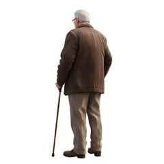 Elderly man with a walking stick, back view isolated on a white background