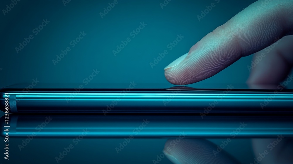 Poster a finger lightly touches the surface of a smartphone in a dark environment, creating a serene atmosp