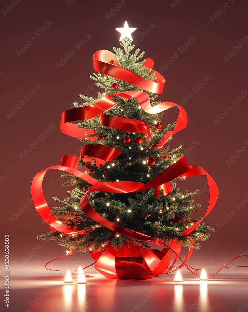Poster red abstract ribbon wrapped tree with subtle glowing highlights abstract christmas tree concept back