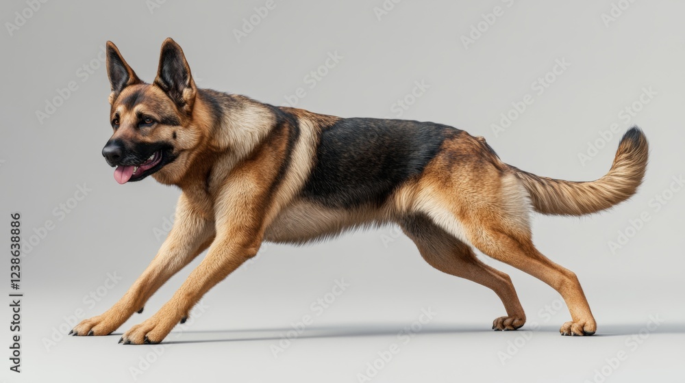 Poster realistic 3d rendering of a playful german shepherd in action