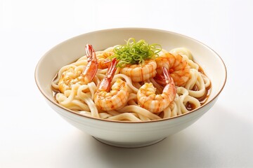 Japanese Udon Noodles with Shrimp in Broth, Traditional Asian Cuisine, Comforting and Savory Dish, Fresh Ingredients, Warm Soup, Aromatic Garnishes, Culinary Delight, Hearty Meal, Cultural Authenticit