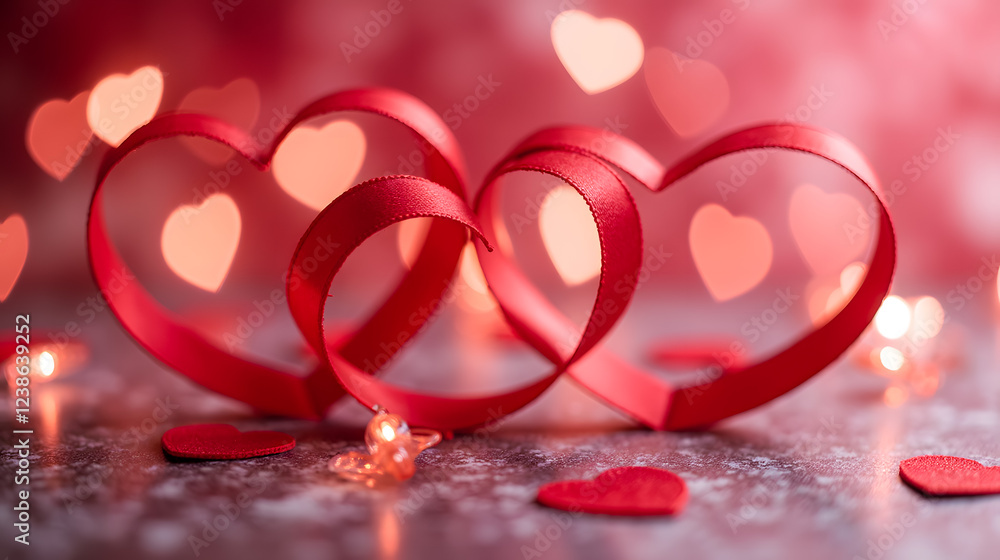 Aufkleber decorative red hearts made of ribbon on a soft background with soft bokeh lights and blurred heart s