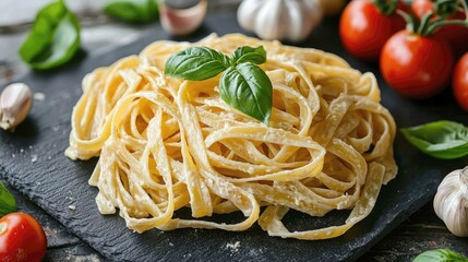 Creamy Fettuccine Alfredo Pasta with Garlic, Basil, and Tomatoes: A Delicious Italian Recipe