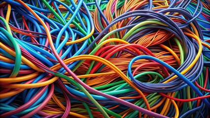 A vibrant tangle of colorful cords and wires, a complex network of interconnected lines and tubes