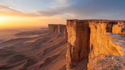 Desert sunset nature concept. Breathtaking sunset over rugged cliffs in a vast desert landscape.