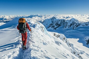 High angle of backpacker hiking across tip of huge glacier.