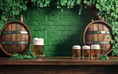 Fun Saint Patrick Day pub setting with wooden kegs, frothy beer mugs, and a welcoming empty space for writing