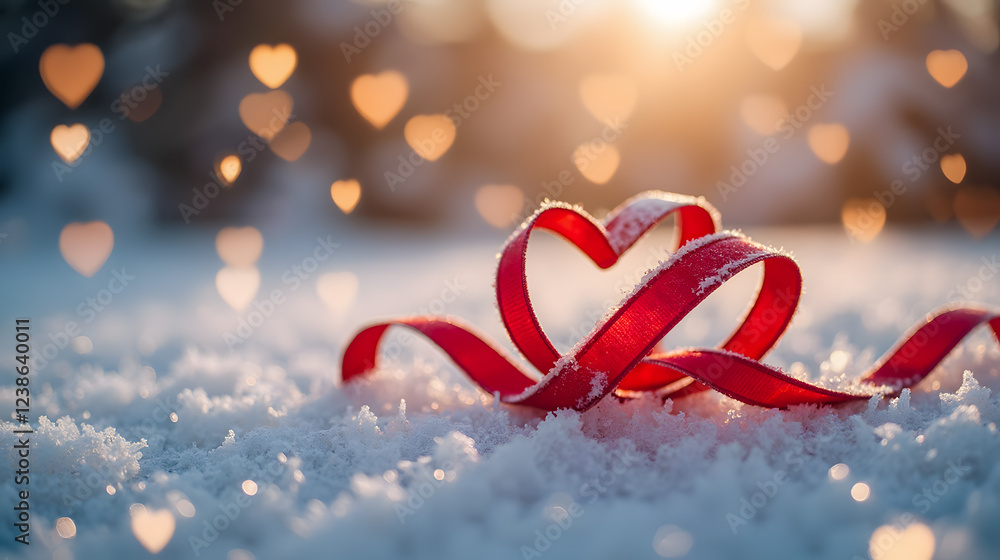 Aufkleber heart-shaped red ribbon on snow with warm bokeh lights in the background creating a romantic winter 