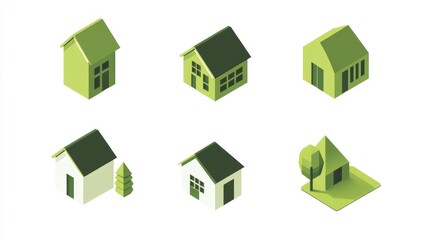 Isometric green houses, tree, design, architecture, illustration, real estate