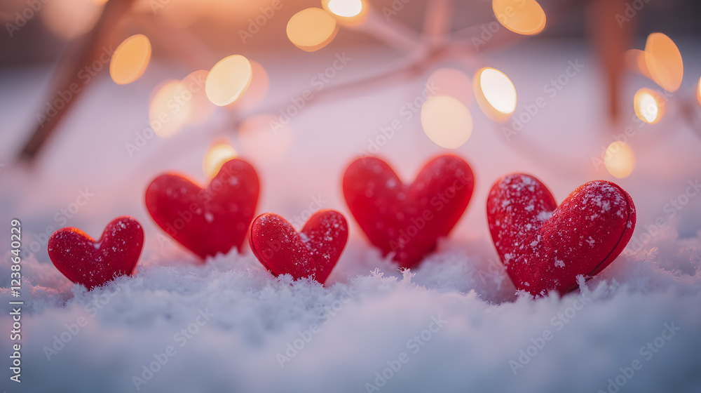 Poster red heart shapes in snow with soft bokeh lights creating a romantic winter atmosphere for valentine'