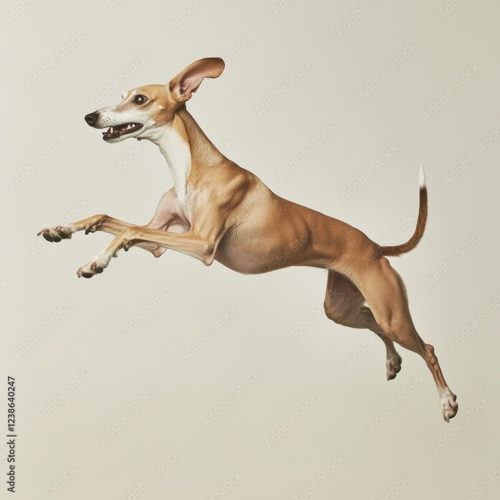Poster whippet dog in mid-leap with front legs stretched forward display