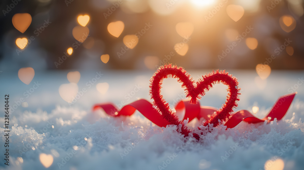 Poster romantic heart shape created with pipe cleaners and red ribbon on snowy ground with heart-shaped bok