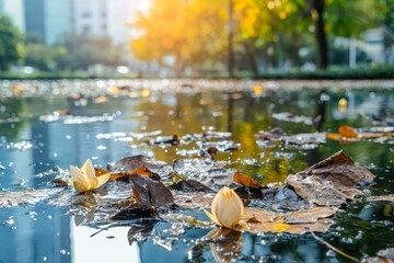Leaves and flowers of lotus withered and dried on the pond in garden background.