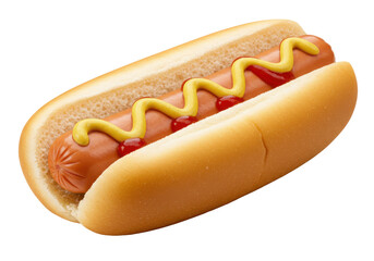 Hotdog with ketchup and mustard on a soft bun, isolated on white background