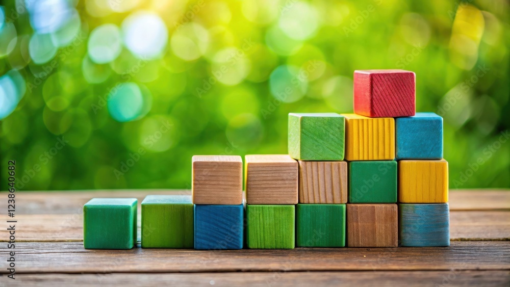 Poster colorful wooden blocks arranged in ascending order on a rustic wooden surface against a blurred gree