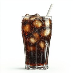 Glass of iced cola with a straw and condensation on the glass, isolated on white background