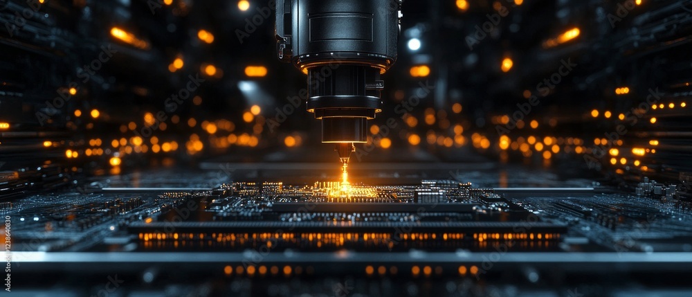 Poster a sharp laser is precisely targeting a circuit board inside a modern facility, showcasing intricate 