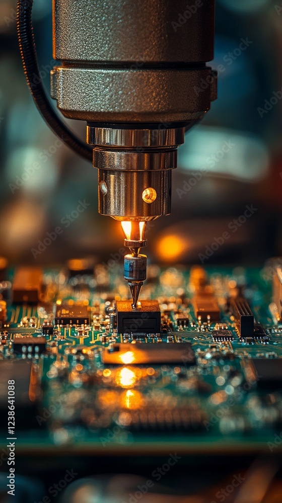 Poster precision equipment solders tiny components onto a circuit board in a well-equipped workshop, illust