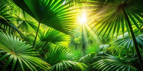 A tropical sunbeam shines through a dense cluster of green palm fronds