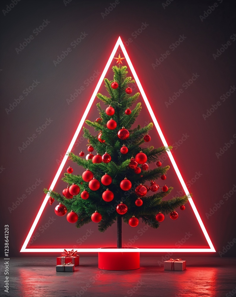 Poster red festive triangular tree with bold glowing edges abstract christmas tree concept background
