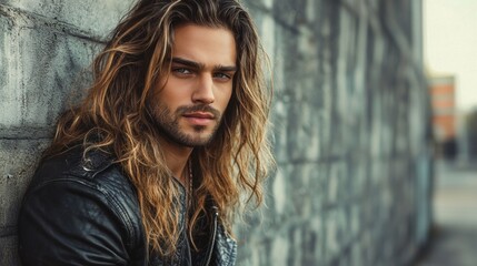 Fototapeta premium A stylish young man leans against a textured wall, exuding confidence with long, flowing hair and a leather jacket. The urban surroundings complement his modern vibe
