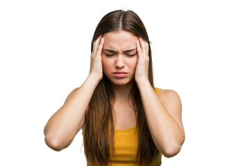 Fototapeta premium Young woman with long brown hair, holding her head with both hands, appearing stressed or in pain, wearing a sleeveless yellow top, isolated on white background