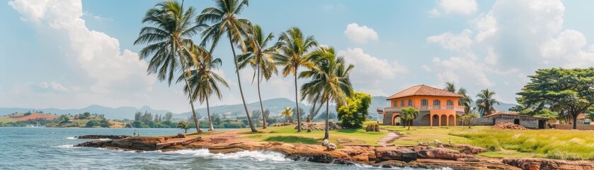 A serene coastal view featuring palm trees, a vintage house, and a bright sky, evoking a tropical paradise by the sea.