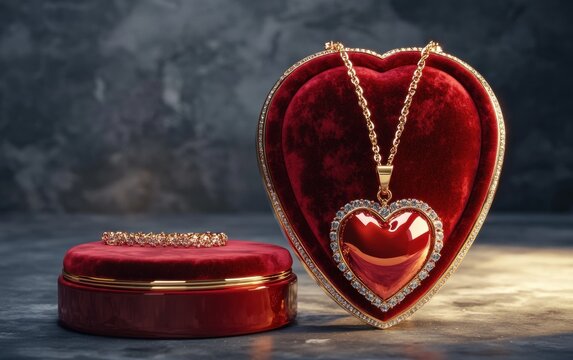 Luxury Valentines Day jewelry display with a heart-shaped necklace, a velvet box, and a customizable space for text