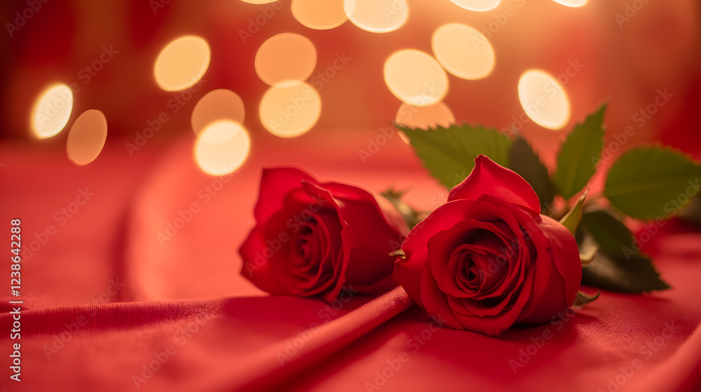 Poster romantic red roses on elegant fabric with soft glowing lights in background creating a warm and invi