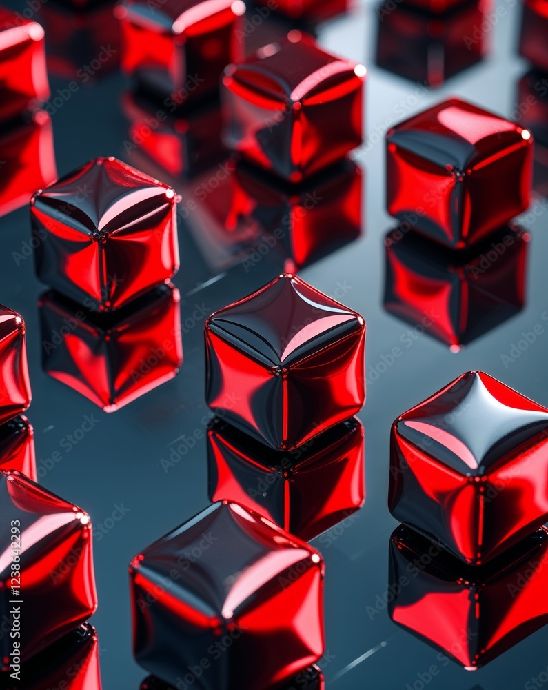 Poster red metallic cubes with glossy reflective surfaces and deep shadows abstract background
