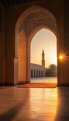 Serene mosque courtyard at sunset  a tranquil scene of spirituality and delicate framing elements