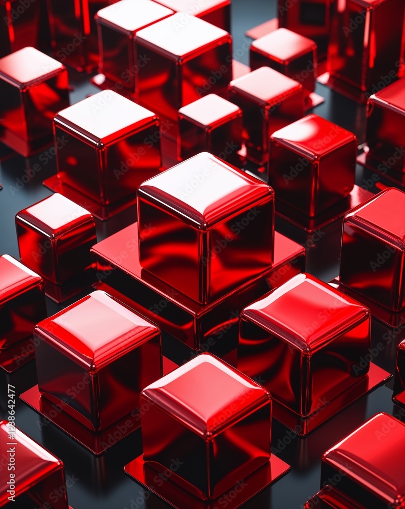 Poster red metallic cubes with glossy reflective surfaces and deep shadows abstract background