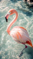 Flamingo gracefully wades through clear turquoise water on a sunny day in a tropical setting