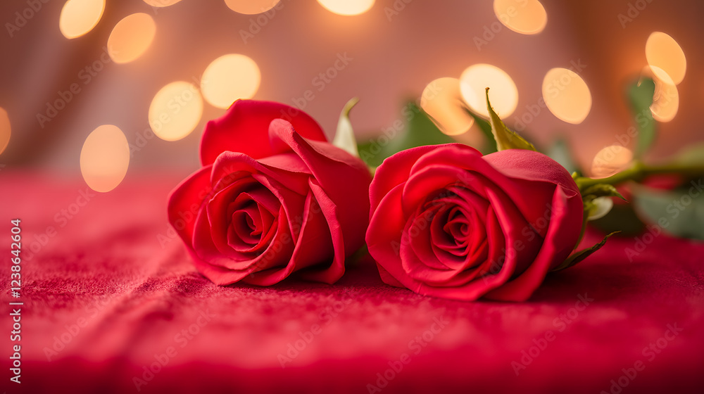 Poster beautiful red roses on soft fabric with warm bokeh lights in the background creating a romantic and 