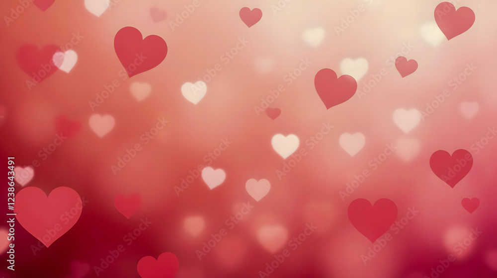 Poster romantic and whimsical background with soft hearts floating on a blurred pink and red atmosphere for